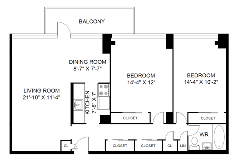 Floor plan for 2 beds, 1 bath, 967 sqft